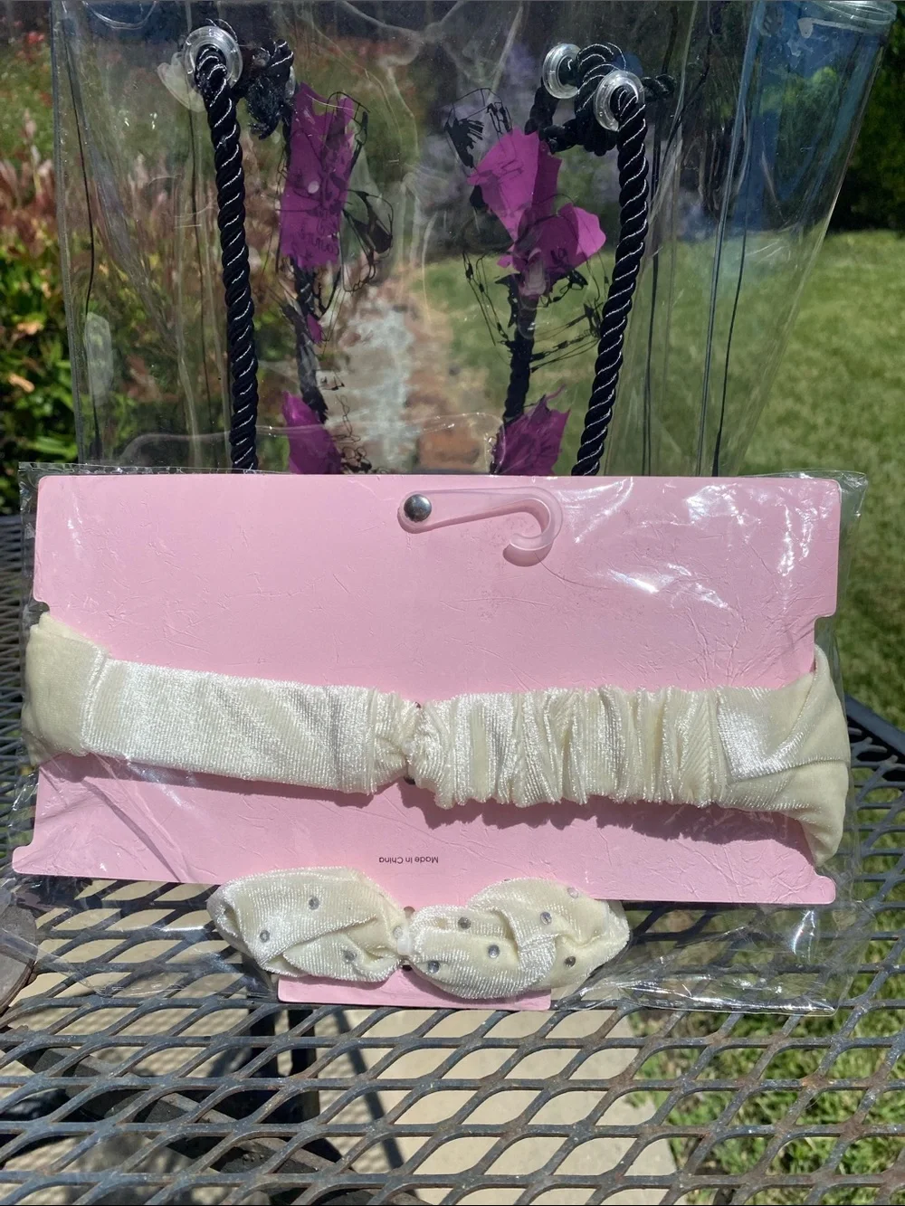 RARE Juicy Couture Clear Tote w/ graphics. Headband and scrunchie included